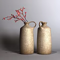 Two Brown Textured Ceramic Vases With Handles And Red Flower Branches 3d model
