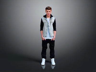 Young Man Standing In Casual Attire With Gray Vest Black Pants And White Shoes 3d model