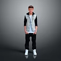 Young Man Standing In Casual Attire With Gray Vest Black Pants And White Shoes