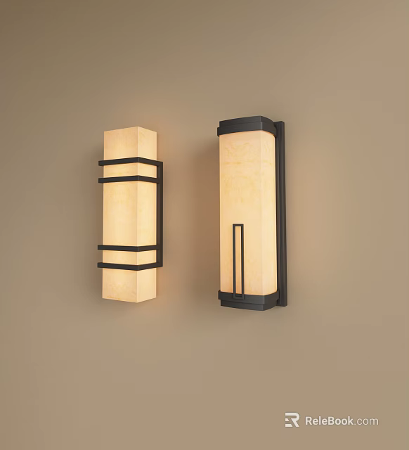 Modern Beige Wall Sconces With Black Metal Frames And Horizontal Vertical Bars 3d model 
