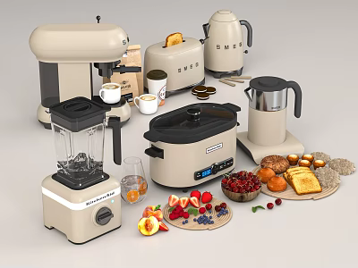 Modern Beige Kitchen Appliances Display With Mixer Kettle Toaster Blender Rice Cooker And Fresh Fruits 3d model