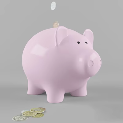 Adorable Pink Ceramic Piggy Bank with Coin on Top Displayed Against Gray Background 3d model