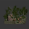 Colorful Cartoon Scene With Lush Trees Small Cabin Slide Winding Path And Greenery
