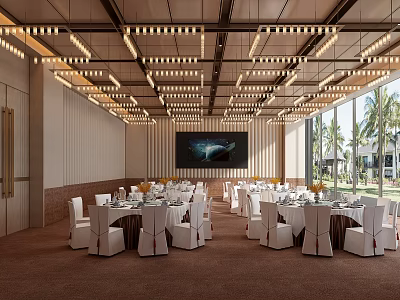 Elegant Banquet Hall Interior With Ceiling Lights White Tables Chairs Large Windows And Outdoor View 3d model