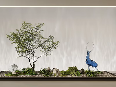 Miniature Garden Ornament with Small Tree Blue Deer Stones Green Plants and Light Colored Wall 3d model