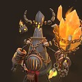 Mechanical Horned Character And Steampunk Creature With Glowing Eyes Holding Torch And Lanterns