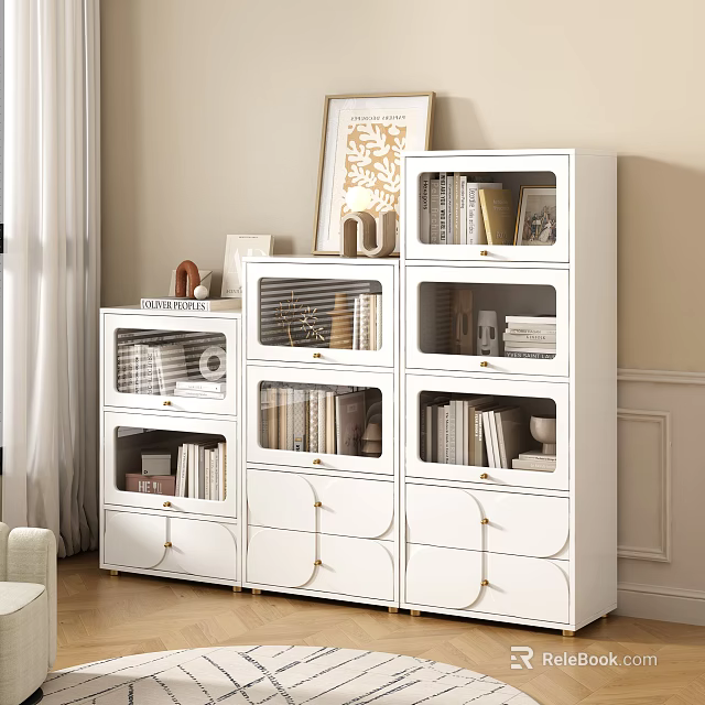 White Modern Bookcase with Glass Door Storage Compartments and Drawers in Living Room Interior 3d model 