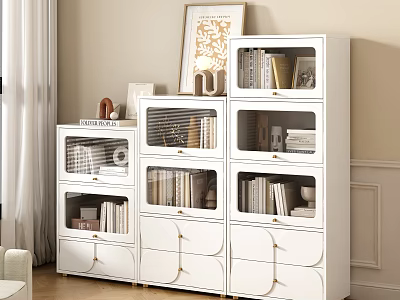 White Modern Bookcase with Glass Door Storage Compartments and Drawers in Living Room Interior 3d model