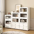 White Modern Bookcase with Glass Door Storage Compartments and Drawers in Living Room Interior