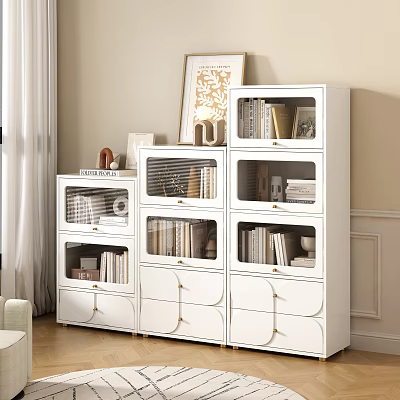 White Modern Bookcase with Glass Door Storage Compartments and Drawers in Living Room Interior 3d model