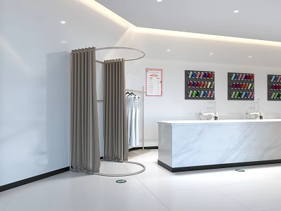 Modern Clothing Store Interior With White Walls Round Racks And Marble Front Desk Bright Lighting 3d model