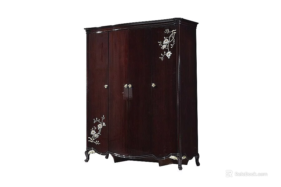 Elegant Dark Wood Wardrobe Design Featuring Intricate Carvings And Decorative Floral Patterns 3d model 