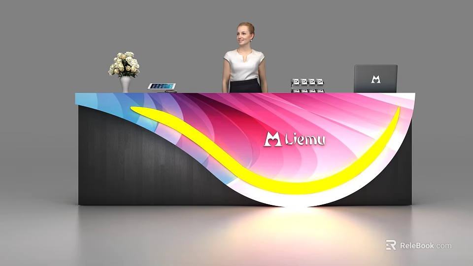 Modern Lienda Reception Desk With Colorful Wave Design Vase Tablet And Laptop 3d model 