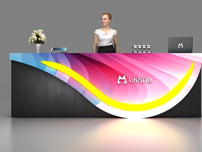 Modern Lienda Reception Desk With Colorful Wave Design Vase Tablet And Laptop 3d model