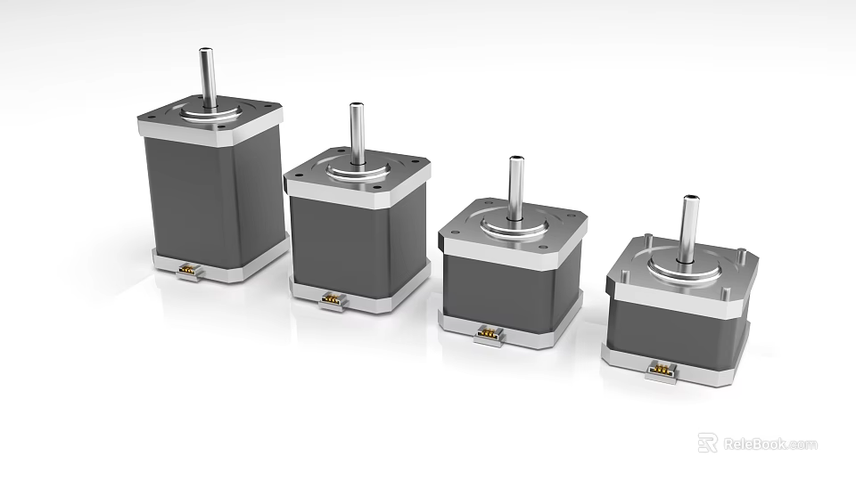 Four Different Sizes Black Silver Stepper Motors With Metal Bodies And Shafts 3d model 
