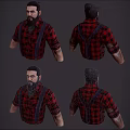 Realistic Male 3D Character with Black Hair Beard Red Black Plaid Shirt and Black Suspenders