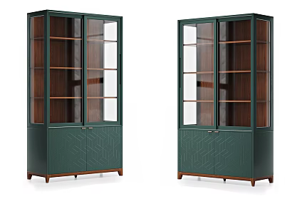 Stylish Green Bookcase Design With Glass Doors Wooden Shelves And Geometric Cabinet Base 3d model