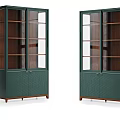 Stylish Green Bookcase Design With Glass Doors Wooden Shelves And Geometric Cabinet Base