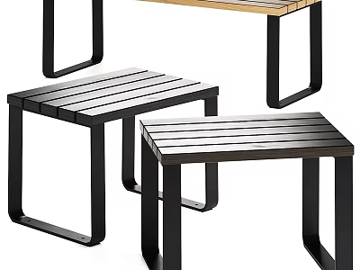 Modern Design Wooden Stools Featuring Black Metal Frames And Striped Tops 3d model