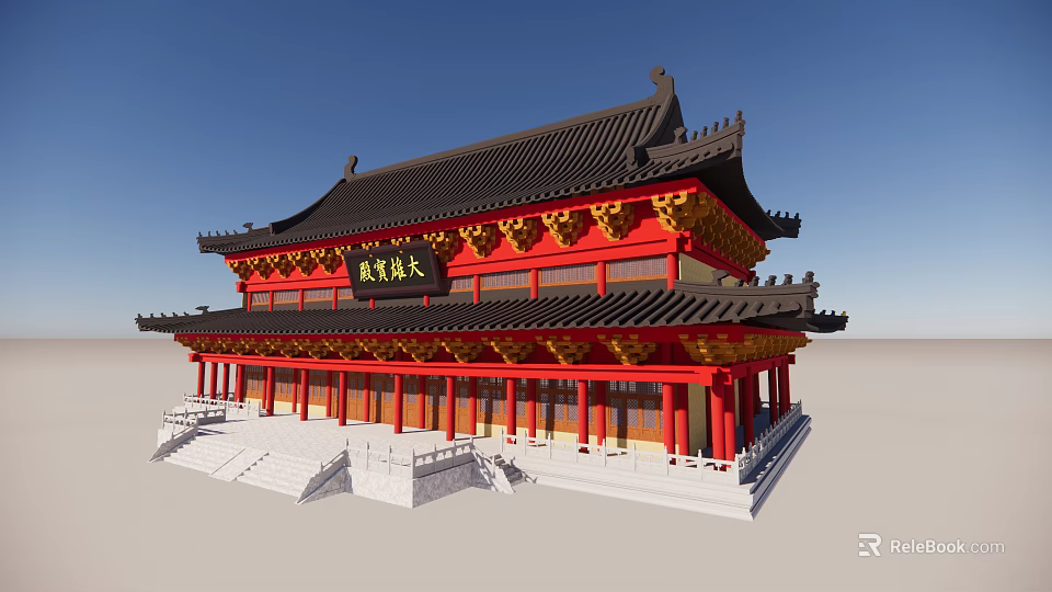 Traditional Chinese Ancient Architecture With Overhanging Eaves Red Pillars And Golden Decorations 3d model 