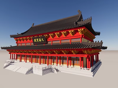 Traditional Chinese Ancient Architecture With Overhanging Eaves Red Pillars And Golden Decorations 3d model