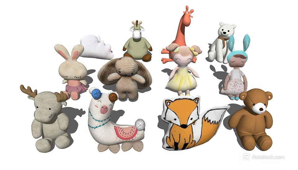 Cute Soft Plush Stuffed Toys with Various Animal and Character Designs 3d model 