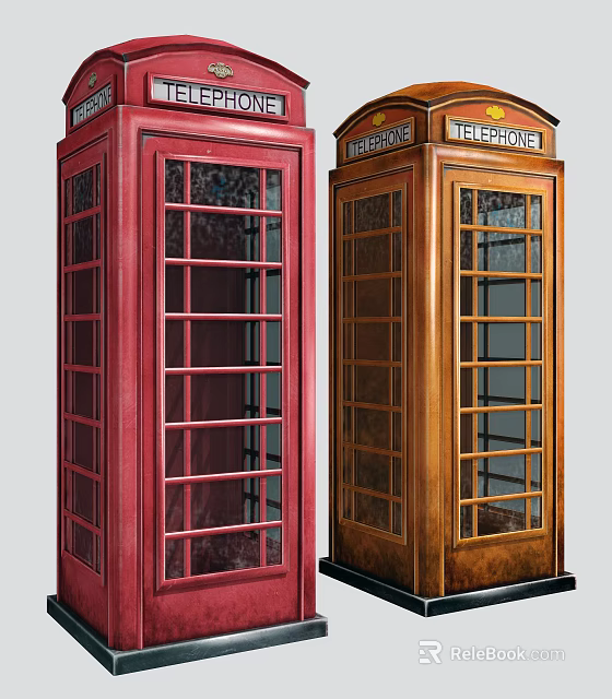 Public Phone Booths Classic Design with Red and Brown Exteriors and Glass Panel Windows 3d model 