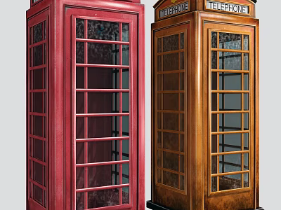 Public Phone Booths Classic Design with Red and Brown Exteriors and Glass Panel Windows 3d model