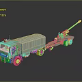 Khaki Military Truck Towing Artillery Cannon On Heavy Duty Trailer With Wheels