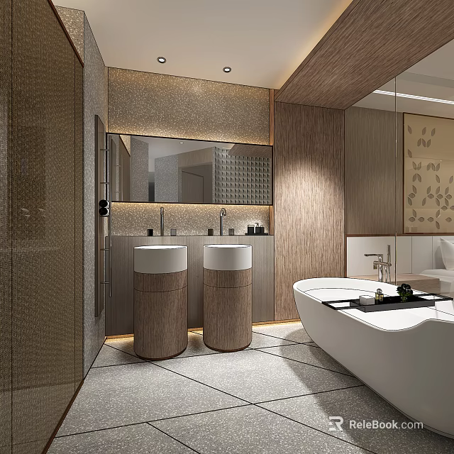 Modern Hotel Bathroom Interior Design With Double Sinks Bathtub And Wooden Walls 3d model 