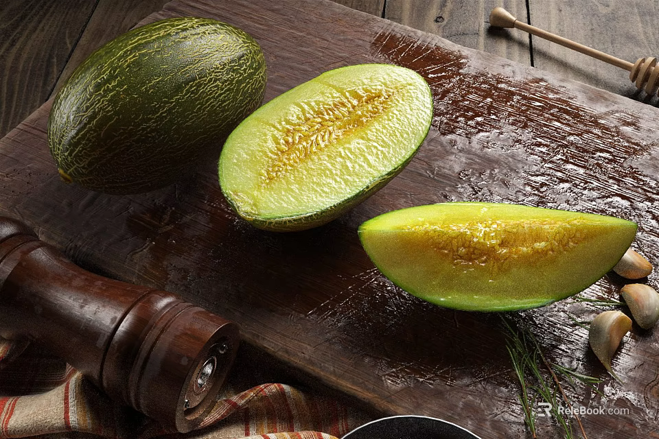 Green Melon Whole And Sliced On Wooden Cutting Board With Pepper Grinder Herbs And Garlic 3d model 