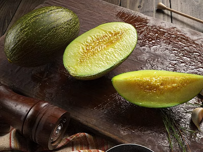 Green Melon Whole And Sliced On Wooden Cutting Board With Pepper Grinder Herbs And Garlic 3d model
