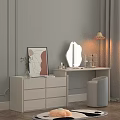 White Vanity Table With Curved Mirror Gold Lamp And Gray Stool On Wooden Floor