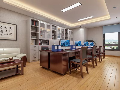Modern Public Office Space With Desks Computers Bookshelves Sofa And Calligraphy Decoration 3d model