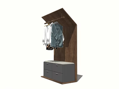 Floor Standing Wooden Clothes Hanger With Gray Drawer Cabinet And Hanging Clothes 3d model