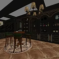 Elegant Wine Cellar with Dark Wood Wine Racks Chandeliers and Round Table with Green Chairs
