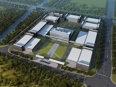Modern Industrial Factory Complex Featuring Multiple Buildings Greenery And Surrounding Roads 3d model