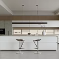 Modern Kitchen Interior With Island Counter Bar Stools Cabinets And Pendant Lights