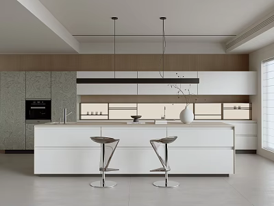 Modern Kitchen Interior With Island Counter Bar Stools Cabinets And Pendant Lights 3d model
