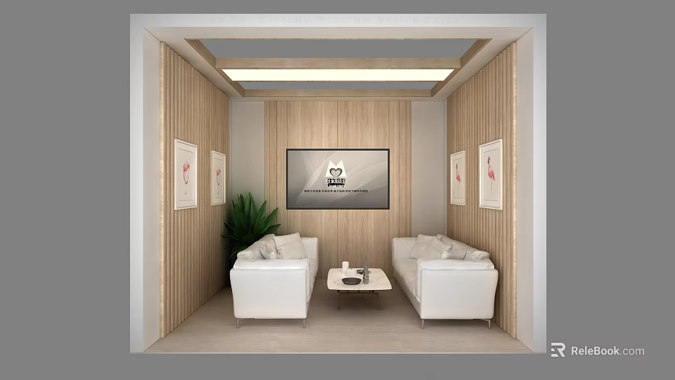 Cozy Lounge Area Interior With Wooden Walls White Sofas Coffee Table TV And Green Plant 3d model 