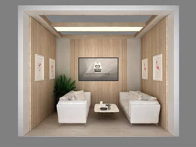 Cozy Lounge Area Interior With Wooden Walls White Sofas Coffee Table TV And Green Plant 3d model