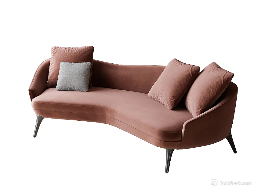 Blush Pink Curved Two Seater Sofa With Velvet Upholstery And Decorative Metal Legs 3d model 