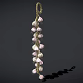 Fresh Hanging Garlic Bulbs Arranged On Natural Rope Against Dark Background