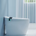 Smart White Toilet with Digital Control Panel Blue Wall White Marble Floor and Potted Plants