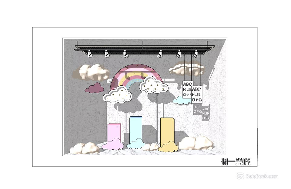 Store Window Display With Rainbow Clouds And Colorful Pillars For Kids Fashion Show 3d model 