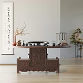 Chinese Style Wooden Carved Curved Tea Table Set with Chair and Tea Vase Decor