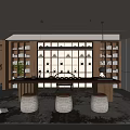 Modern Tea Room Interior With Wooden Shelves Tea Sets Long Table And Round Stools