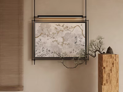 Abstract Painting with Branches Flowers in Black Frame on Light Wall near Bamboo Blinds 3d model