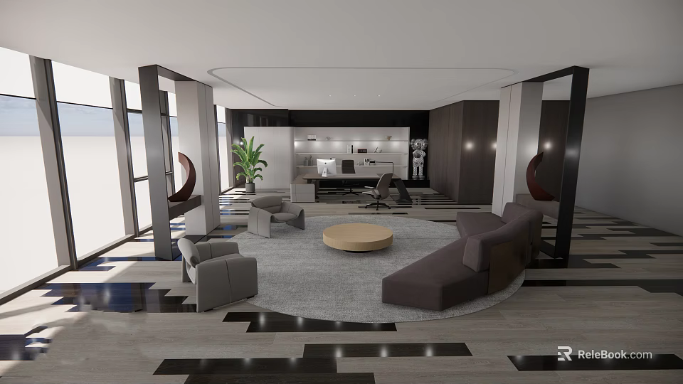 Modern Office Space With Sofa Coffee Table Desk Green Plant And Floor To Ceiling Windows 3d model 