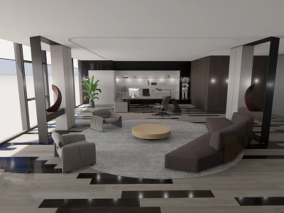 Modern Office Space With Sofa Coffee Table Desk Green Plant And Floor To Ceiling Windows 3d model